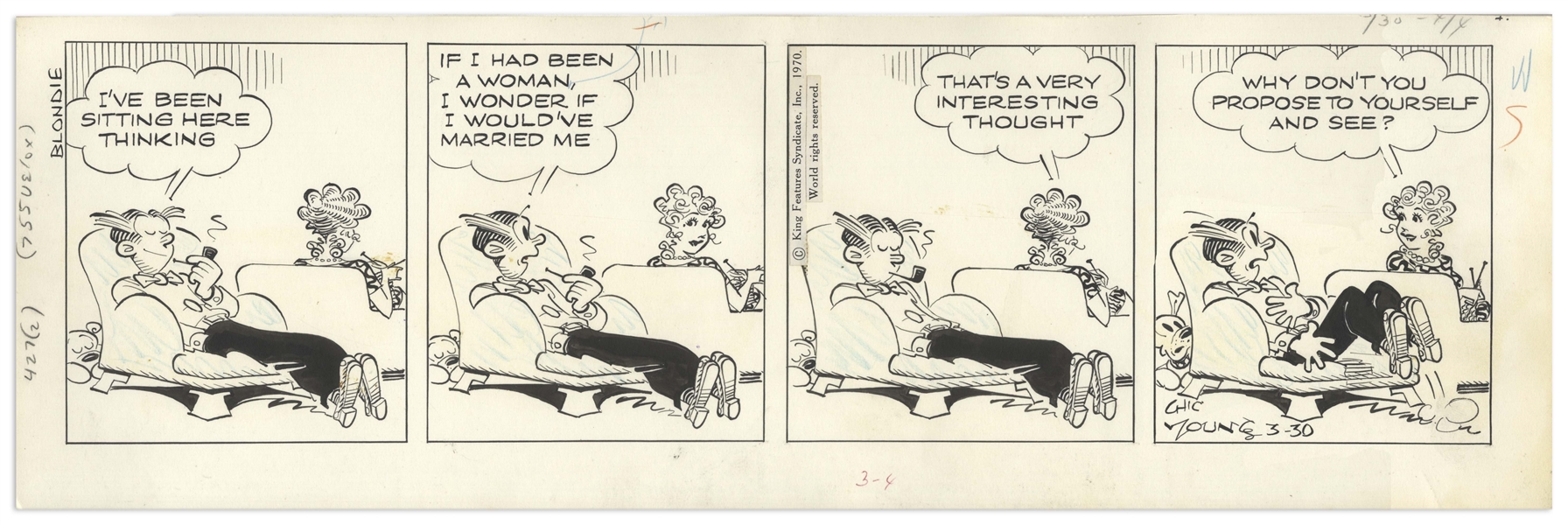 Chic Young Hand-Drawn ''Blondie'' Comic Strip From 1970 Titled ''Wedded Bliss?''